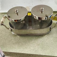 Vintage  Silversmiths Silver Plate Cream & Sugar Tray Set. Glass Bowls. With Lid And Serving Spoone