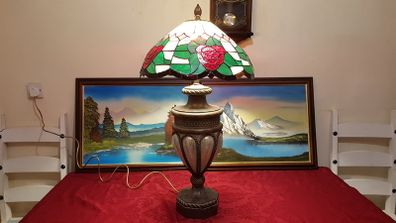 Vintage 34 Inches Tall Large Art Deco Bronze / Copper And Caged Glass Tiffany Lamp With 18.75 Inch Diameter Stained Glass Shade