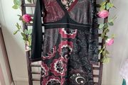 dress 100% cotton black patterned dress v neckline &amp; long sleeves size small