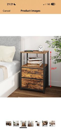 Bedside Table with Charging Station, Side Table with 2 USB Ports and Outlets, Nightstand with Cloth Drawer
