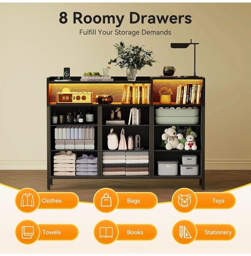 Black Chest of Drawers Bedroom, Dresser Cabinet with 2 Sockets, 2 USB Ports and 10 Colored LED Strips