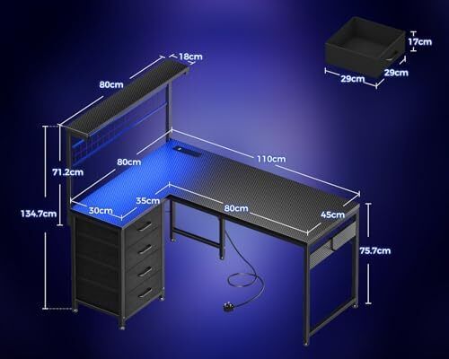 L Shaped Gaming Desk with Drawers & Shelf, 110 x 80 cm