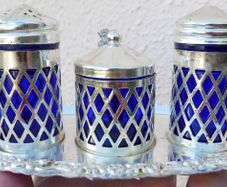 Vintage Silver Plate Salt and Pepper Shakers, Cobalt Blue Glass Liners