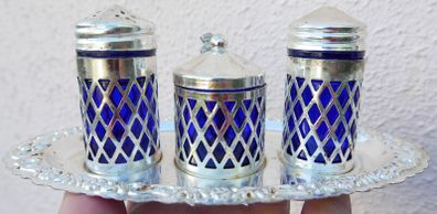 Vintage Silver Plate Salt and Pepper Shakers, Cobalt Blue Glass Liners