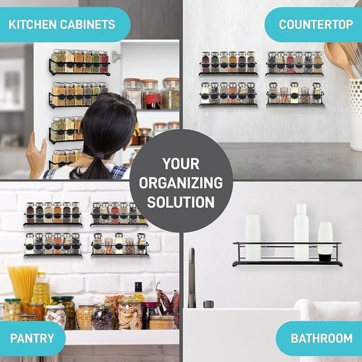 Spice Rack Wall Mounted 4 Pack Spice Rack for Inside Cupboard Adhesive Spice Organiser Kitchen Cupboard Organiser