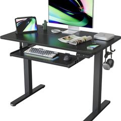 Height Adjustable Electric Standing Desk with Keyboard Tray, 100 x 60 cm Sit Stand up Desk with Splice Board, White Frame/White Top