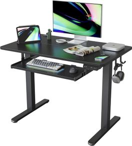 Height Adjustable Electric Standing Desk with Keyboard Tray, 100 x 60 cm Sit Stand up Desk with Splice Board, White Frame/White Top