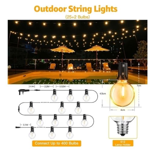 15m, LED String Light Mains Powered, with Plug/25+2 Shatterproof G40 Bulbs/Hook, Bright Warm White Lighting Outside Indoor Tree Garden Decorations