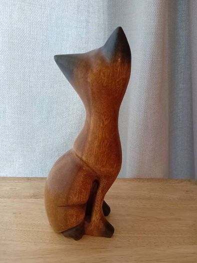 Hand Carved Wooden Cat Sculpture