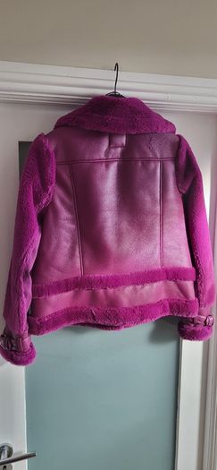 RIVER ISLAND fuschia faux leather and fur biker jacket Sz 14UK - Rrp 125 (New)