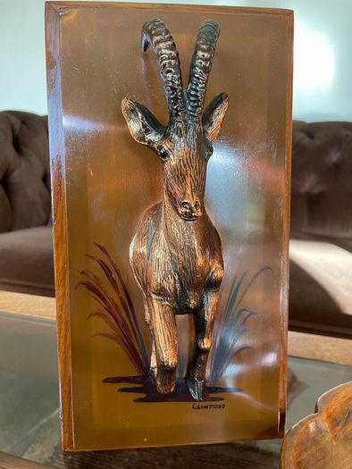 Rare Vintage Rhobard Rhonya Rhodesia Teak and Copper Sable Antelope Mounted Plaque
