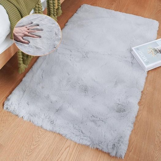 Grey Faux Fur Rug, 60 x 90 cm, Fluffy Soft Rug, Living Room, Children's Room, Decoration, Washable, Rectangular