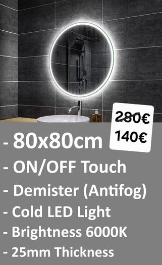 LED Bathroom Mirror Round 80cm Demister Antifog