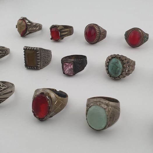 Lot of 15 Antique Tribal Style Brass Rings Mixed Stone & Colourful Glass