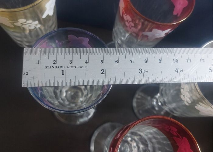 Fabulous Set of Six Vintage Retro Pressed Glass Footed Flutes with Bands of Iridescent Rainbow Colours and Floral Motifs, Capacity 120mls