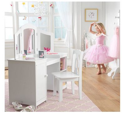 Wooden Vanity and Chair with Mirror and Storage Kids Children's Playroom/Bedroom Furniture