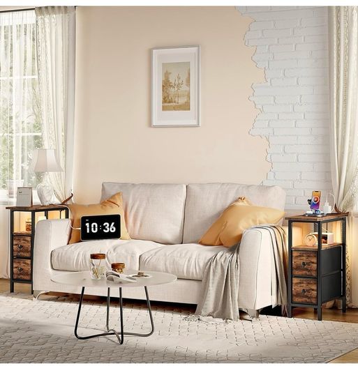 Slim Bedside Table with Charging Station, Narrow Side Table with LED Lights and 2 Fabric Drawers, Nightstand for Small Space, Bedroom, Living Room, Rustic Brown and Black