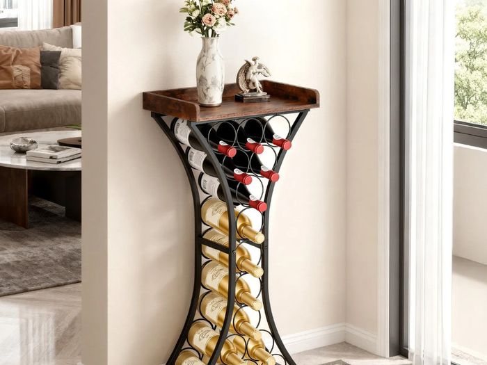 15 Bottle Wine Rack,Iron Freestanding Floor Wine Holder, Mini Bar Stand Liquor Cabinet with Wood Tabletop, For Home Bar,Kitchen,Living Room,Dining Room