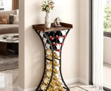 15 Bottle Wine Rack,Iron Freestanding Floor Wine Holder, Mini Bar Stand Liquor Cabinet with Wood Tabletop, For Home Bar,Kitchen,Living Room,Dining Room
