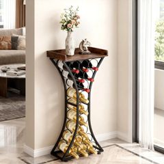 15 Bottle Wine Rack,Iron Freestanding Floor Wine Holder, Mini Bar Stand Liquor Cabinet with Wood Tabletop, For Home Bar,Kitchen,Living Room,Dining Room