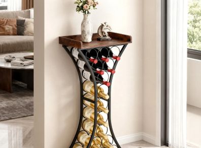 15 Bottle Wine Rack,Iron Freestanding Floor Wine Holder, Mini Bar Stand Liquor Cabinet with Wood Tabletop, For Home Bar,Kitchen,Living Room,Dining Room