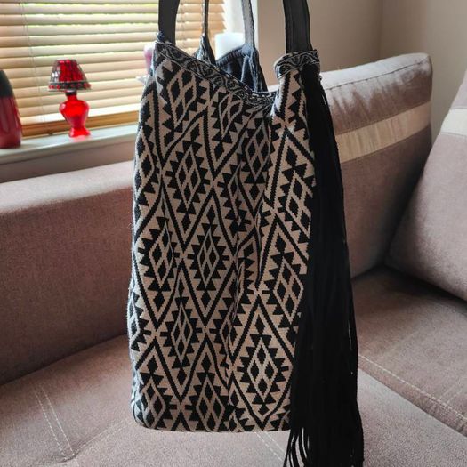 Fringe Tote Bag Purse Black and White, Large