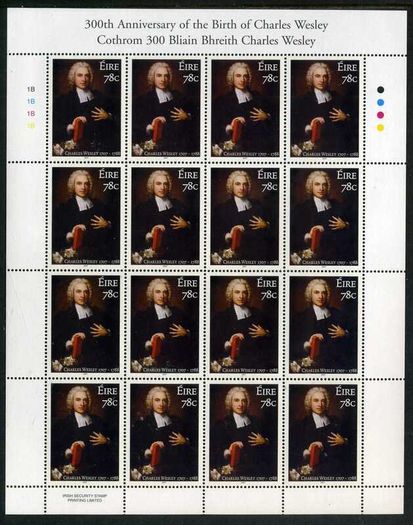 2007 Ireland 150th 300th Anniversary of the Birth of Charles Wesley (Founder of Methodism) Commemorative Stamp Sheetlet Plate 1A1A1A1A Mint Never Hinged (MNH)