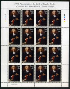 2007 Ireland 150th 300th Anniversary of the Birth of Charles Wesley (Founder of Methodism) Commemorative Stamp Sheetlet Plate 1A1A1A1A Mint Never Hinged (MNH)