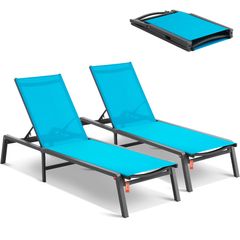 2Pcs Chaise Lounge Aluminum Patio Lounge Chairs with Adjustable 5-Position Recliner and Full Flat Tanning Chairs