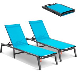 2Pcs Chaise Lounge Aluminum Patio Lounge Chairs with Adjustable 5-Position Recliner and Full Flat Tanning Chairs