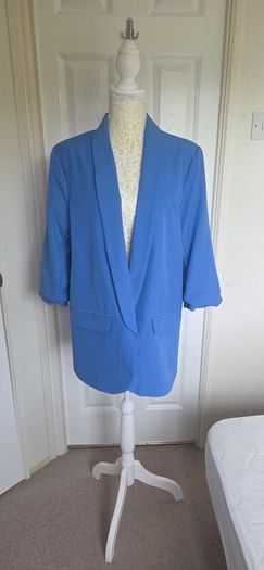 Electric Blue Open Front Blazer Jacket Ruched Sleeve Smart Casual Layering