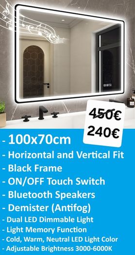 LED Bathroom Mirrors Selection Clock Speakers Bluetooth Demister Antifog Wi-Fi Weather Station Makeup