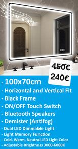 LED Bathroom Mirror Bluetooth Antifog Dual LED Makeup Bright Light Vanity 100x70cm or 70x100cm
