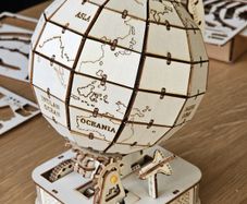 Quirky, fun, wooden wood world globe, functional movement