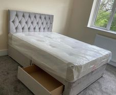 Brand New Stylish Divan Beds Instock. All Sizes Available. Drawers Option Available. Tufted Memory Foam Mattresses Available