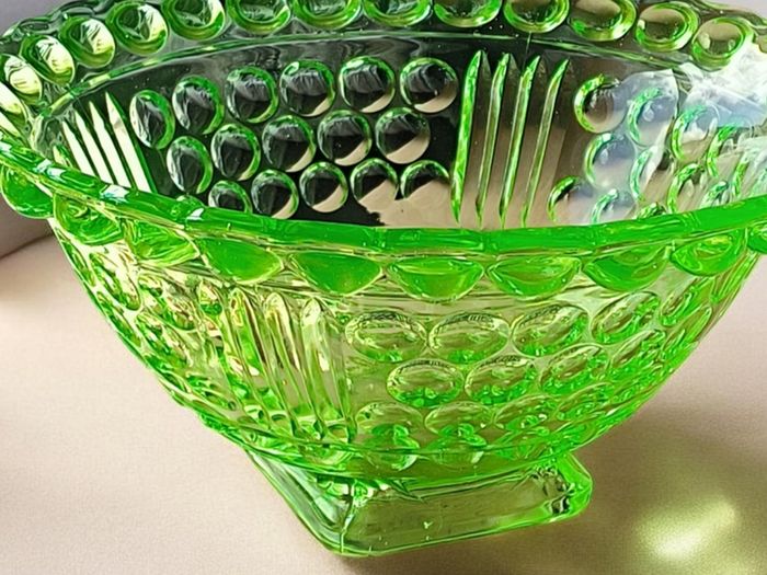 Antique 20th Century Green Uranium Glass Inverted Thistle Bowl UV Reactive  Description