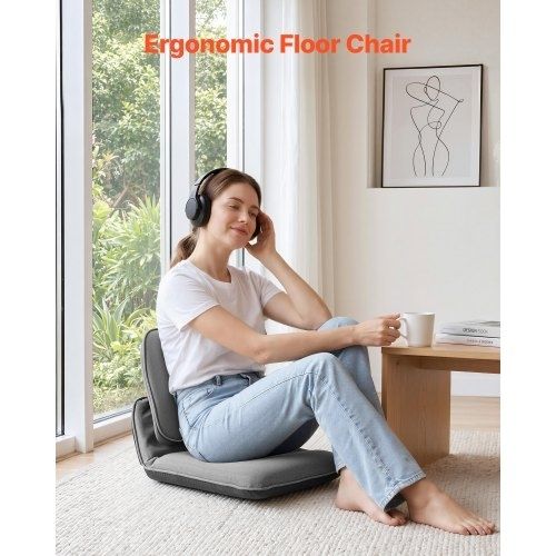 Floor Chair, 5 Adjustable Positions Folding Floor Gaming Chair with Ergonomic Back Support, Sturdy Metal Frame with Recycled Foam and Linen Fabric, Multifunctional for Reading, Relaxing, Gray