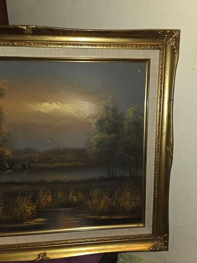 Vintage Oil on Canvas Landscape Ducks in Flight - Signed and Framed
