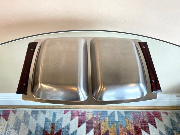 Mid Century Steel & Rosewood Serving Platter, Hong Kong, Vintage Danish Style