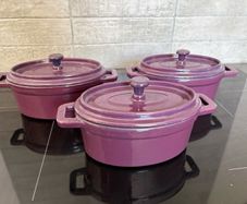 Three Unused Purple Iron Enamel Mini Casseroles