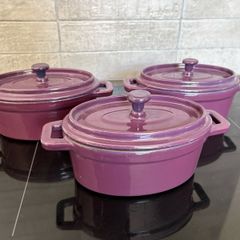 Three Unused Purple Iron Enamel Mini Casseroles