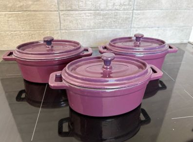 Three Unused Purple Iron Enamel Mini Casseroles