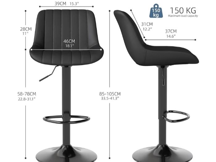 Bar Stools Set of 2, Swivel Counter Height Barstools with Back, Adjustable PU Leather Bar Chairs, Modern Armless Kitchen Island Stool, Black