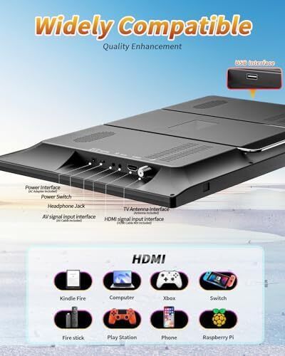 19 Inch Portable TV with Antenna, 1080P Small TV with Rechargeable Battery, HDMI AV Input, USB Port, Outdoor with Built-in Stand, 12V tv for campervan/bedroom/kitchen/camping/motorhomes