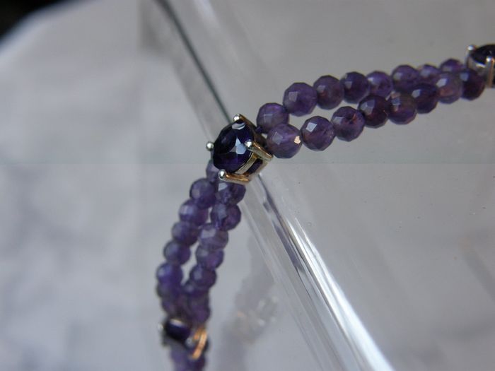 Double Strand Faceted Amethyst Bead Bracelet, 925 Silver Clasp, 7in/18cm
