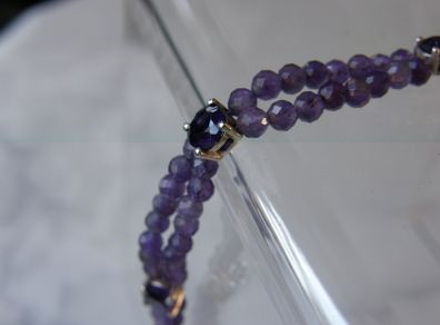 Double Strand Faceted Amethyst Bead Bracelet, 925 Silver Clasp, 7in/18cm