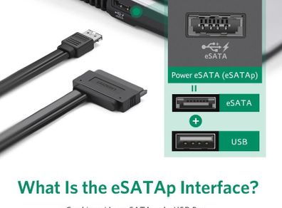Ugreen Power ESATA (eSATAp) to SATA Cable Dual Power USB 12V 5V Combo to 22 Pin (7Pin + 15Pin) For 2.5"/3.5" HDD/SSD (Brand New/Warranty)