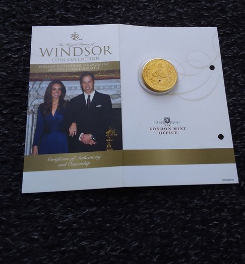 Royal Engagement 24k Gold Plated Commemorative Medal with Genuine Blue Sapphire and COA ( No. 01574 / 40,000 )