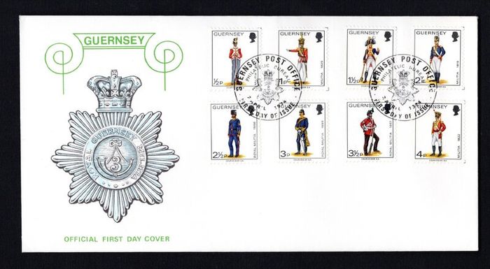 1974 Guernsey Militia Uniforms Definitive Stamp Low Value First Day Cover (FDC).
