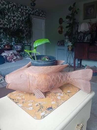 Large vintage hardwood koi carp planter